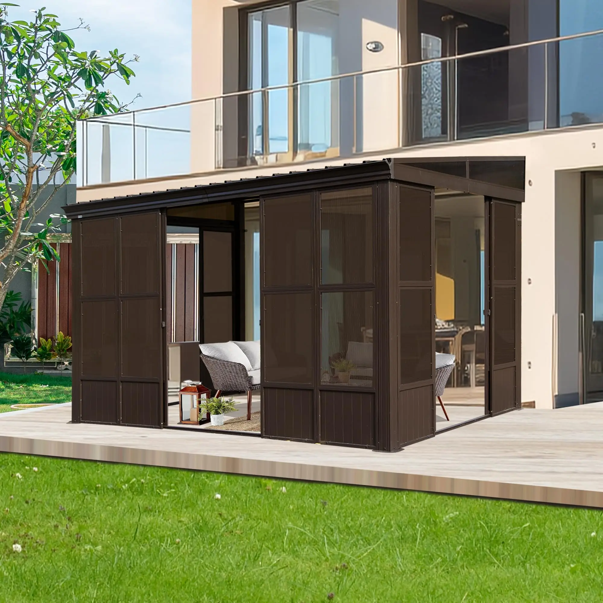 ！@Outdoor Permanent Sun Room Lean Gazebo Deck Patio Wall Mounted Galvanized Steel Sloping Roof Moveable Canopy Pergola