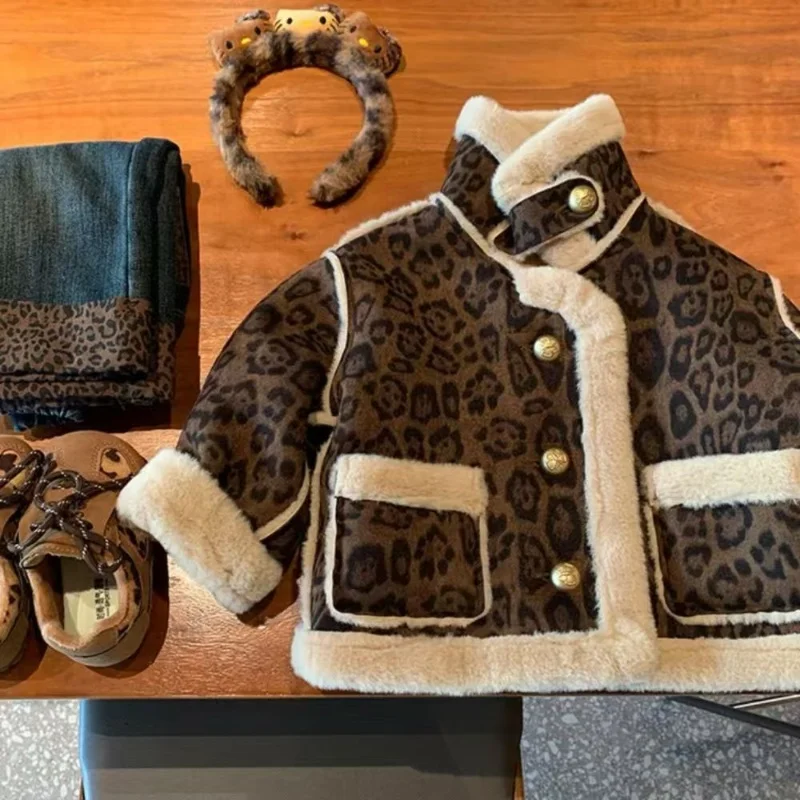 

Girls' Leopard Print Jacket With Thick Fur and Fur Winter New Style For Baby Girls Leopard Print Denim Wide Leg Pants 1-6Years