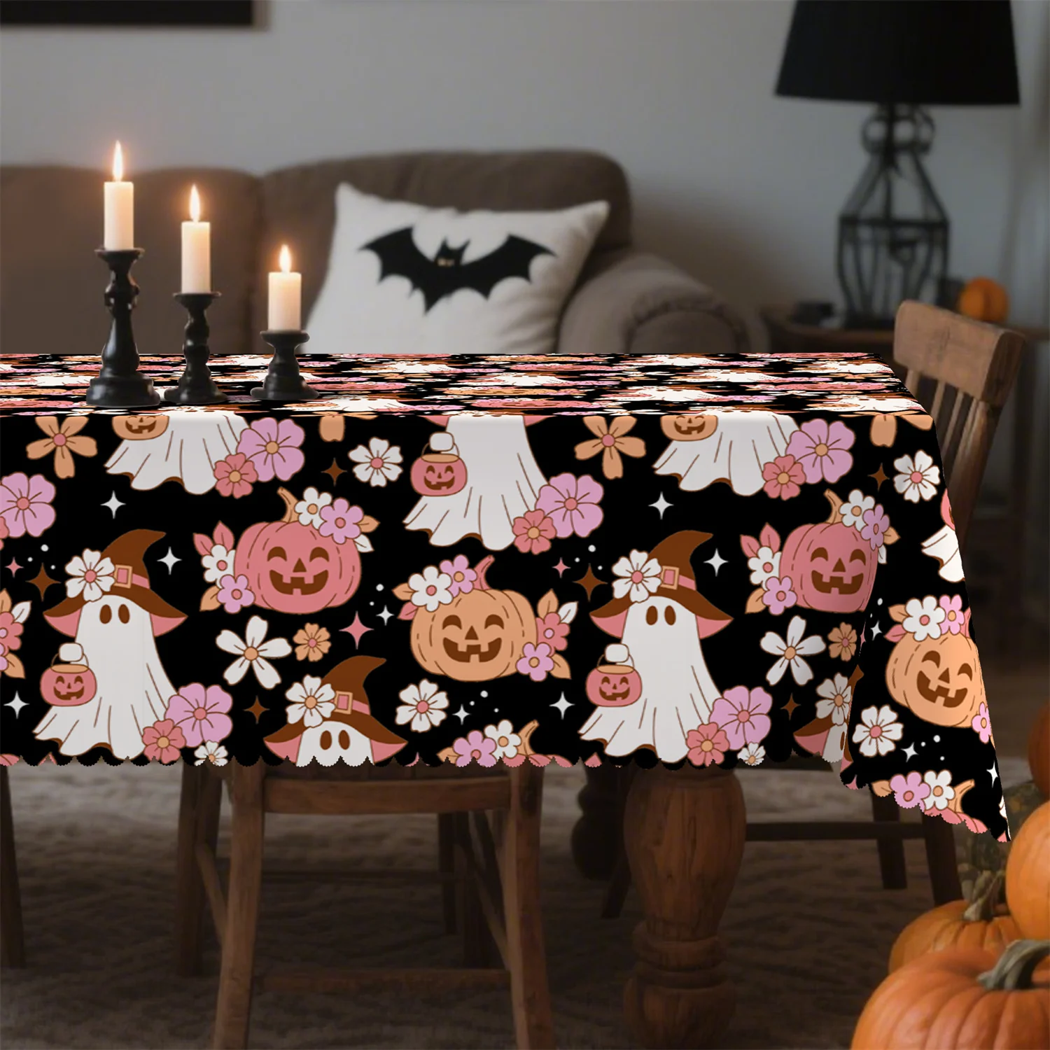 Pumpkin Ghost Flower Star Halloween Tablecloth - 1 pack - Suitable for kitchen table, outdoor party decorationzyc