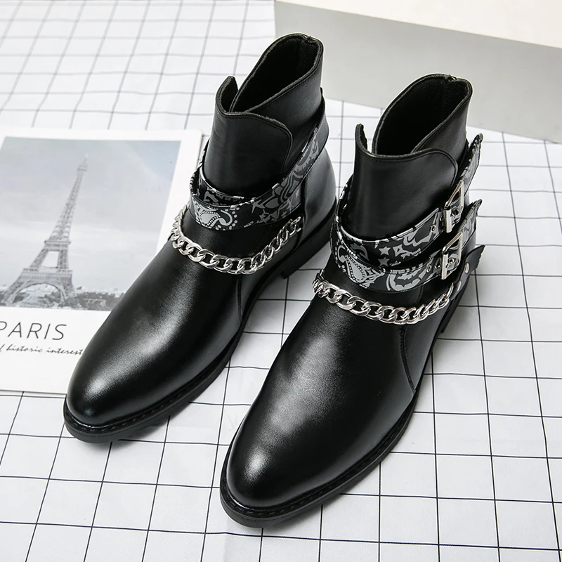 New Black Men Business Boots Buckle Strap Pointed Toe Handmade Ankle Boots Botas De Hombre Men Boots With Chains Dec