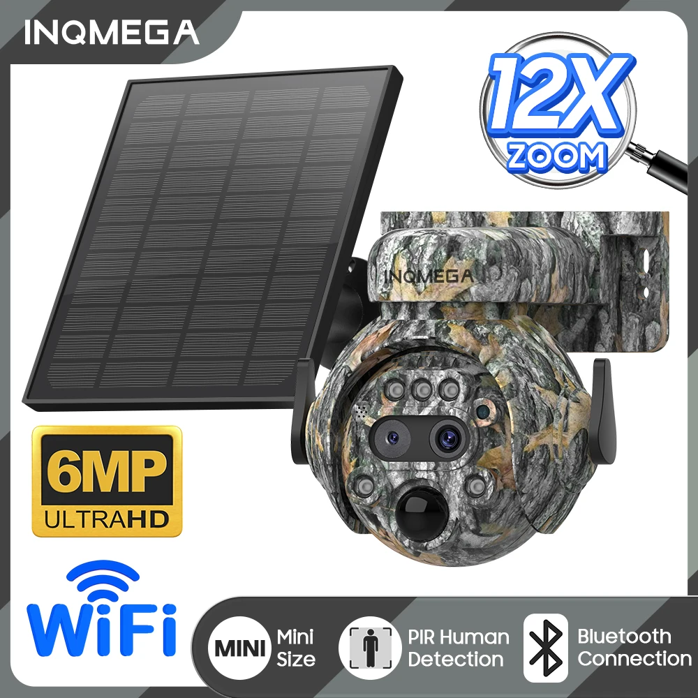 inqmega camera solar ao ar livre cor de camuflagem cctv ptz 4g sim deteccao corporal bateria embutida 6mp wifi 01