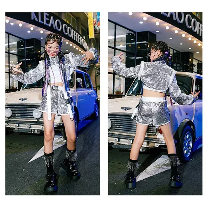 

Girls Silver Sequins Jazz Dance Costume Kpop Outfit Tops Vest Shorts Festival Clothing Children Hip Hop Dancing Clothes YS4602