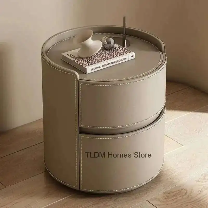 

Leather Bedside Round Nordic for Household Tables Nightstands Light Luxury Minimalist Bedroom Furniture Storage Bedside Cabinet