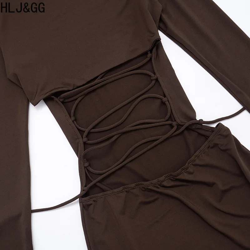 

HLJ&GG Fashion Hollow Thin Dress Women Half High Collar Bandage Slim Vestidos Sexy Female Stretch Solid Lace Up Dresses Clothing