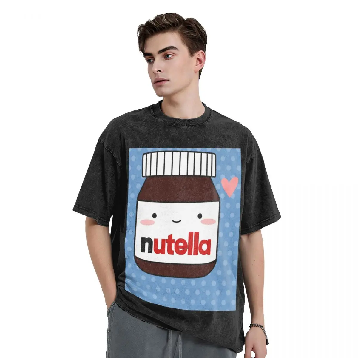 Cute Nutella Jar Washed T Shirts Harajuku Short Sleeve Hip Hop T-Shirt Streetwear Tops Tees for Men Women