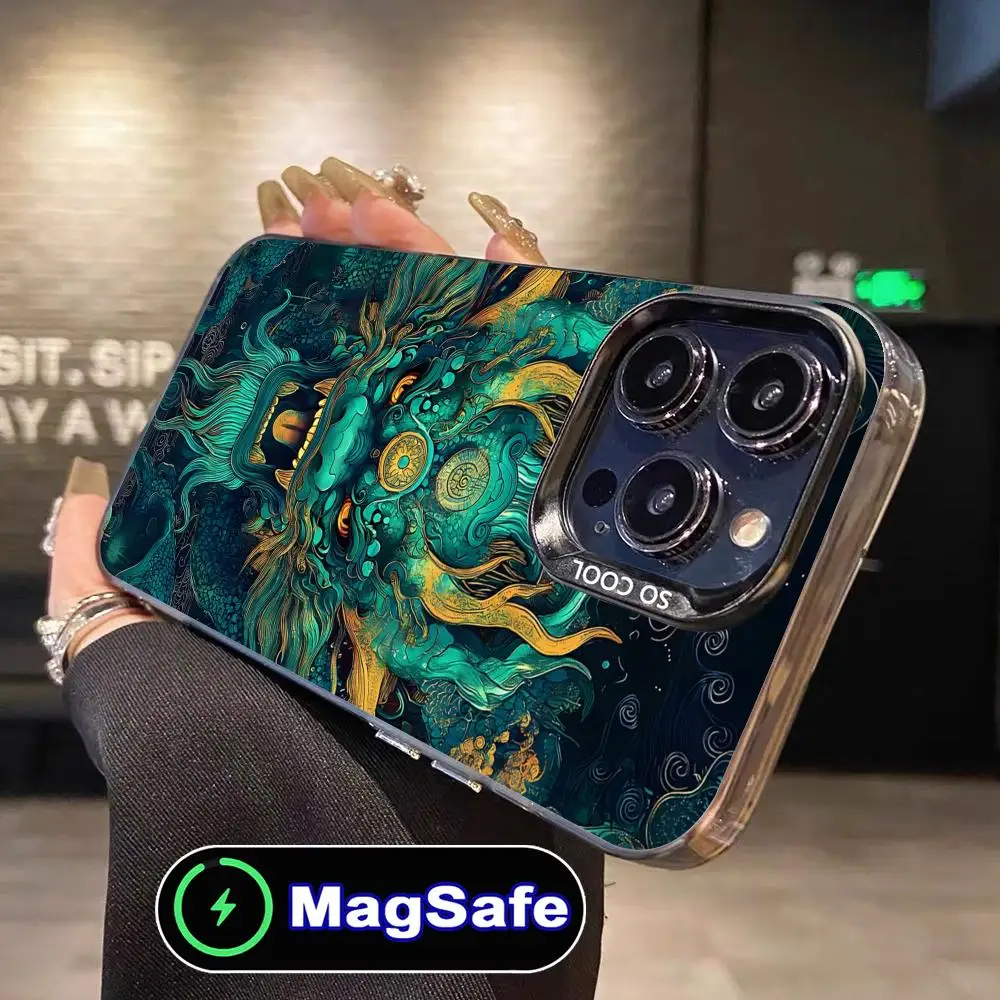 East Orient Dragon حافظة هاتف محمول لهاتف آيفون 16 15 14 13 12 11 Pro Max Plus MagSafe غطاء فاخر مطبوع ملون شفاف