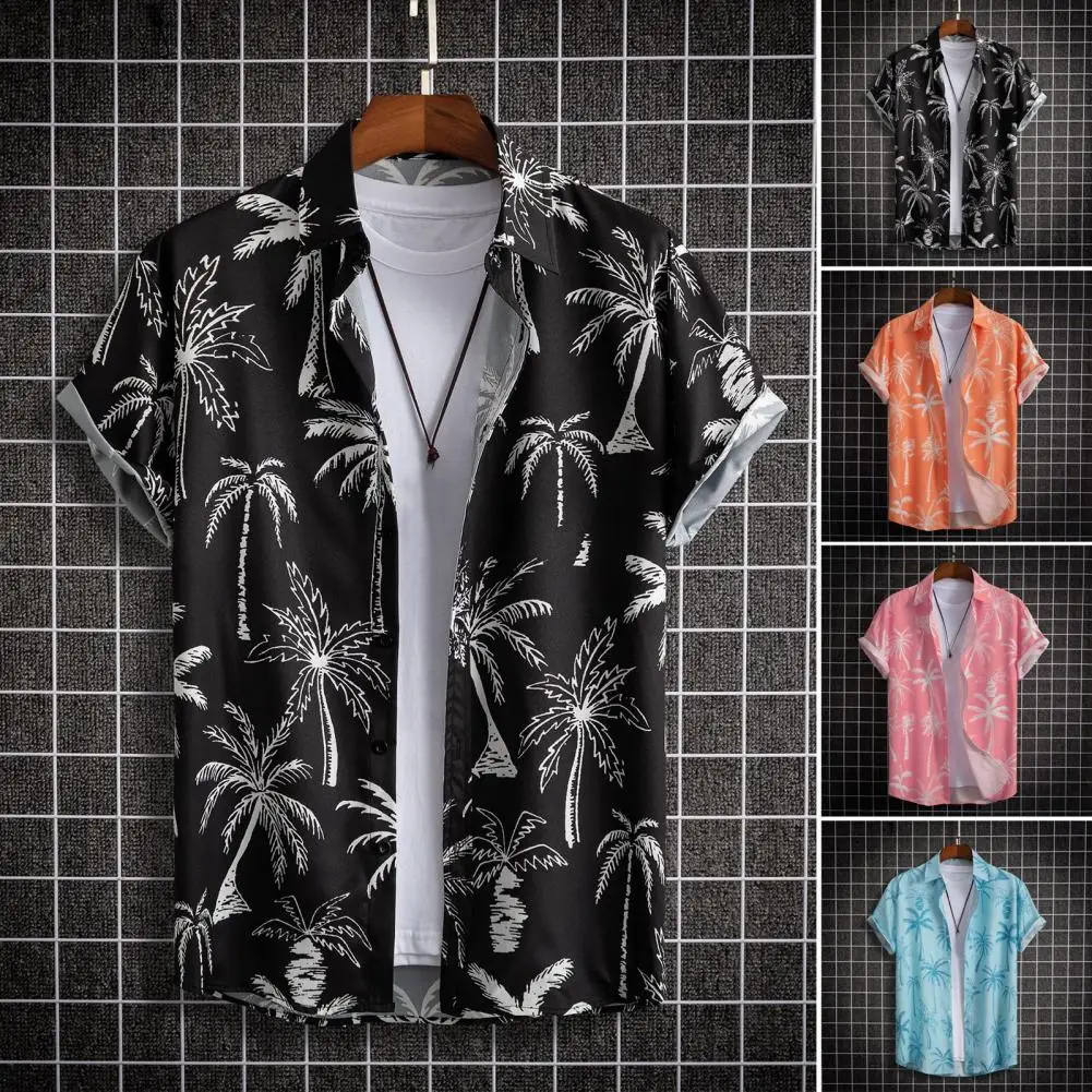 

Tropical Print Shirt Coconut Tree Print Men's Summer Shirt Single-breasted Lapel Cardigan for Beach Vacation Style Men Beach