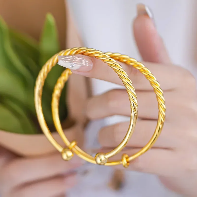 

9999 Real Gold 24K Niche Simple High-end Solid Smooth Twist Push-pull Bracelet, Gold Twist Twist Opening Bracelet