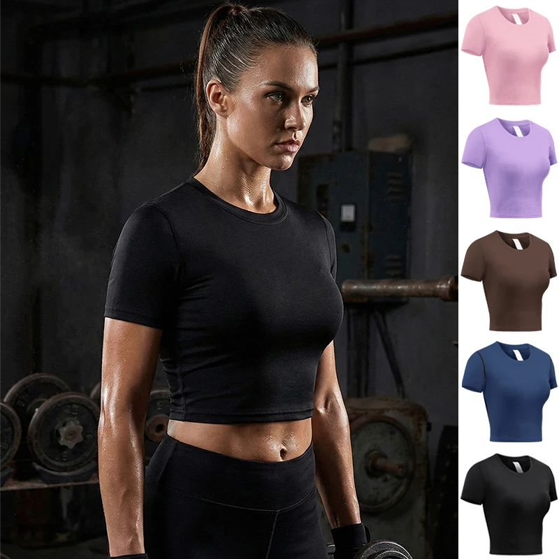 Damen Crop Sport-T-Shirt für Yoga, Laufen, Fitnessstudio, Workout, Training, Sommer, schnell trocknend, kurzärmelig, Kompressionsshirt, Damen-Sportbekleidung