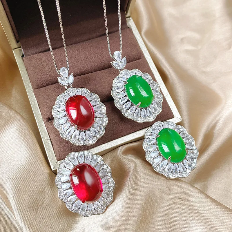 Jewelry Gold-Plated Ice Fluorescent Red Corundum Green Chalcedony Elegant Set 13*18