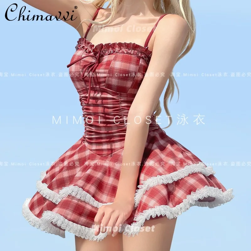 สาวหวานลายสก๊อตสีแดงวันหยุด Hot Spring ชุดว่ายน้ําฤดูร้อนใหม่เซ็กซี่ผู้หญิง SLIM FIT Elegant Kawaii One- Piece กระโปรงชุดว่ายน้ําผู้หญิง