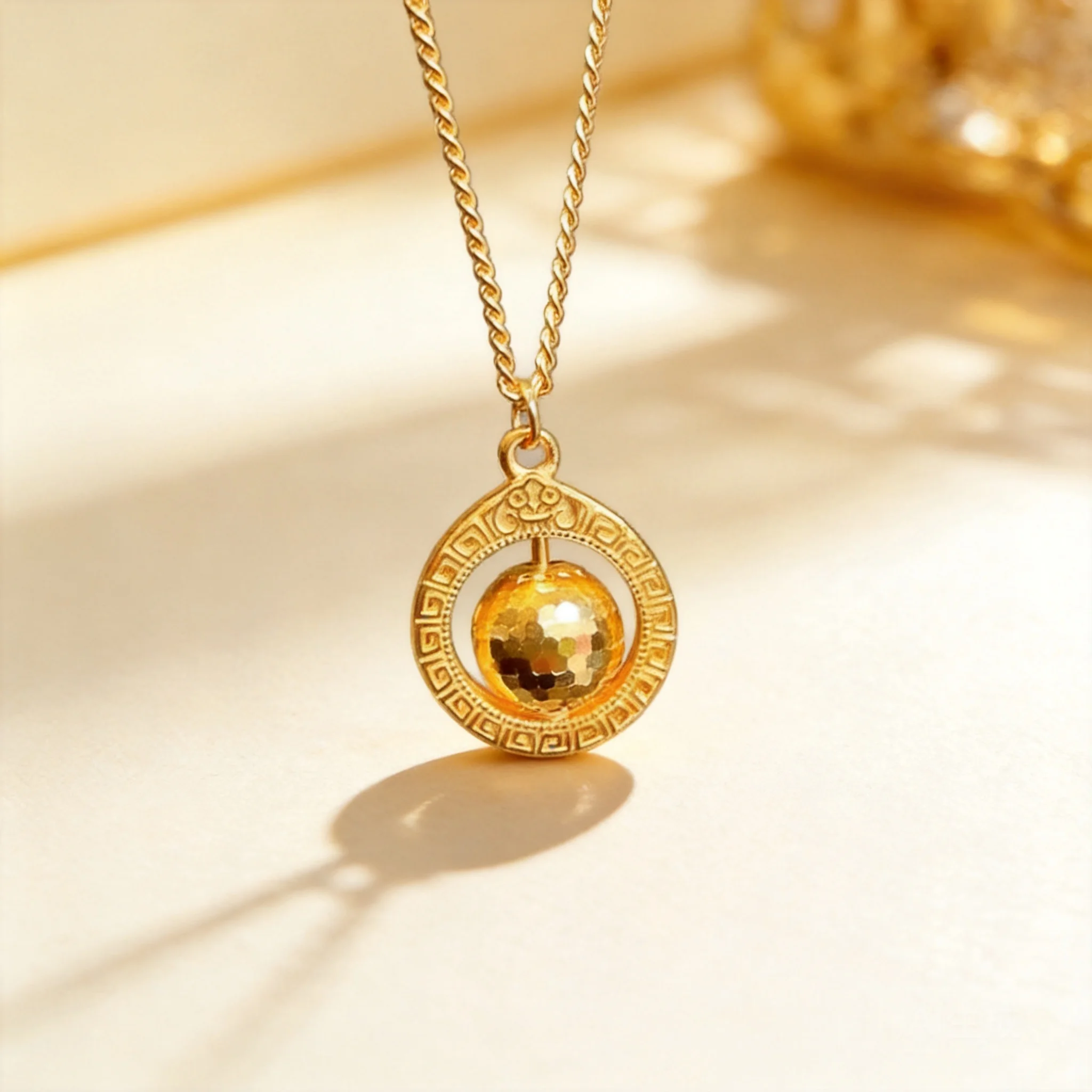 

Women's Faux Gold Rotating Lucky Ball Pendant Necklace Chinese Style Design Long Lasting No Fading Sand Gold Jewelry For Daily