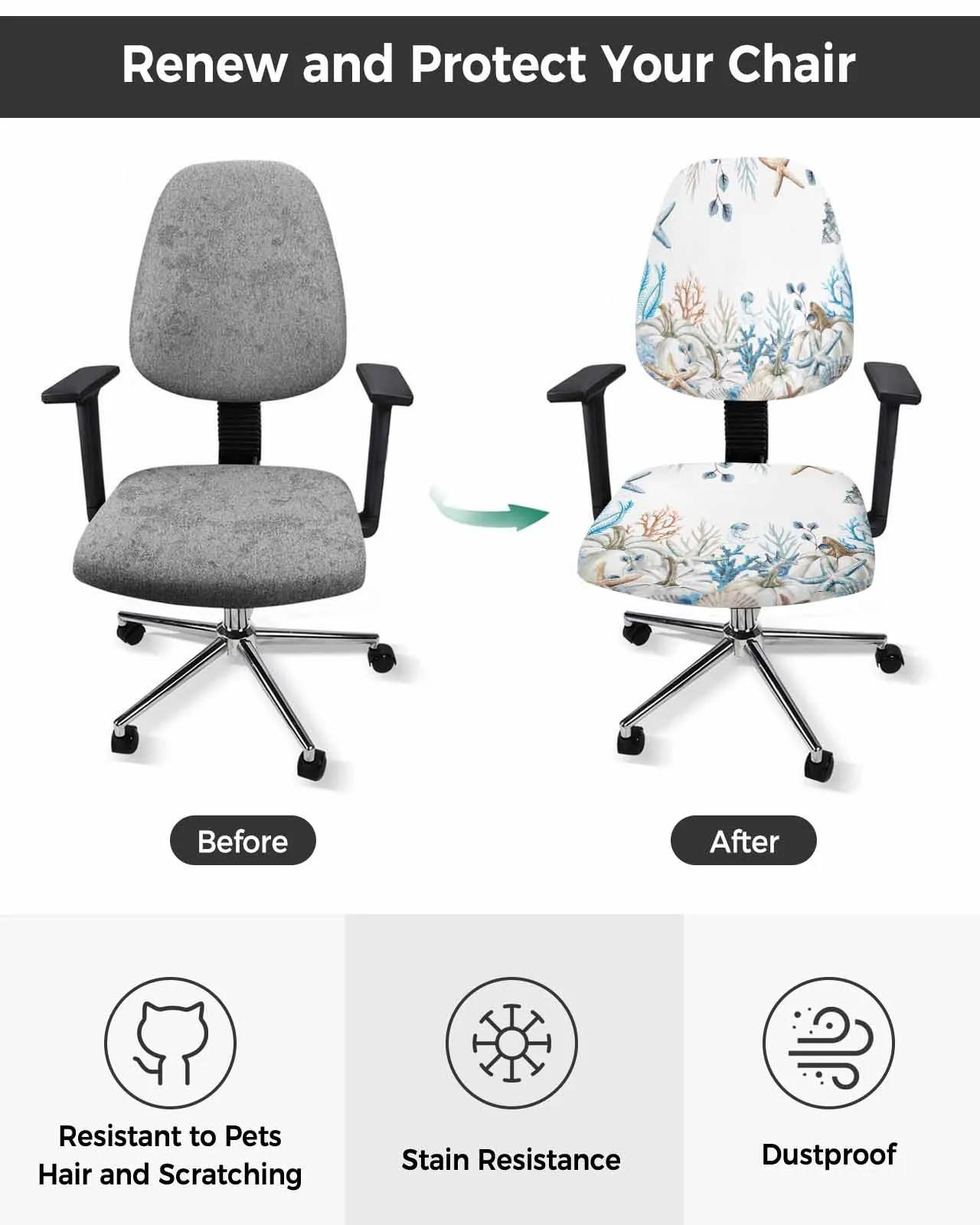 Starfish Coral Wood Pattern Elastic Armchair Computer Chair Cover Stretch Removable Office Chair Slipcover Split Seat Covers