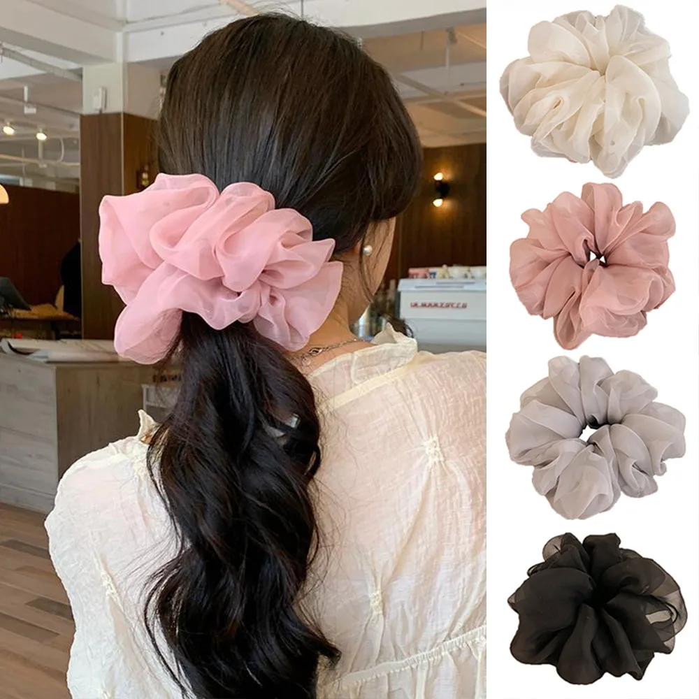 Woman Large Solid Color Chiffon Scrunchies Girls Sweet Rubber Band Lady Hair Accessories Hair Ties Ponytail Holders Ornaments