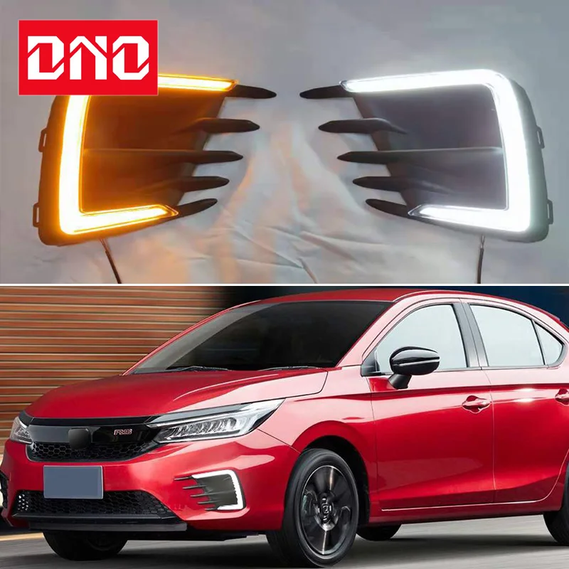 Car LED DRL 12V Daylights For Honda City Grace 2020 Yellow Turn Signal Daytime Running Headlamps Auto Driving Lamp Foglamps