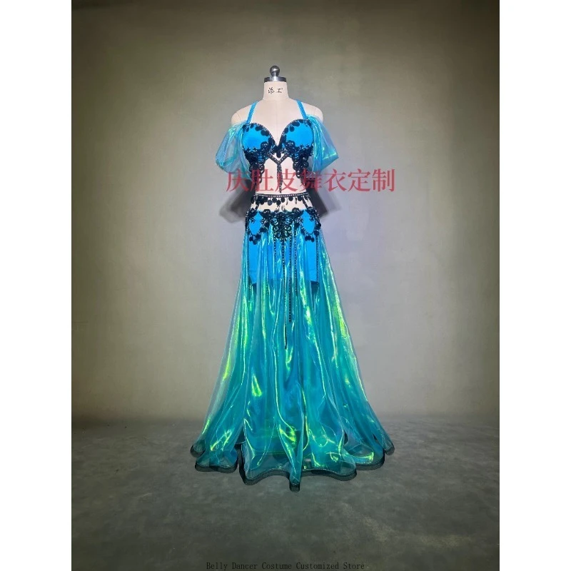 Trajes de dança do ventre personalizados vestido de desempenho oceano fantasia azul conjunto equipe desempenho jogo vestido sutiã cinto saia longa terno