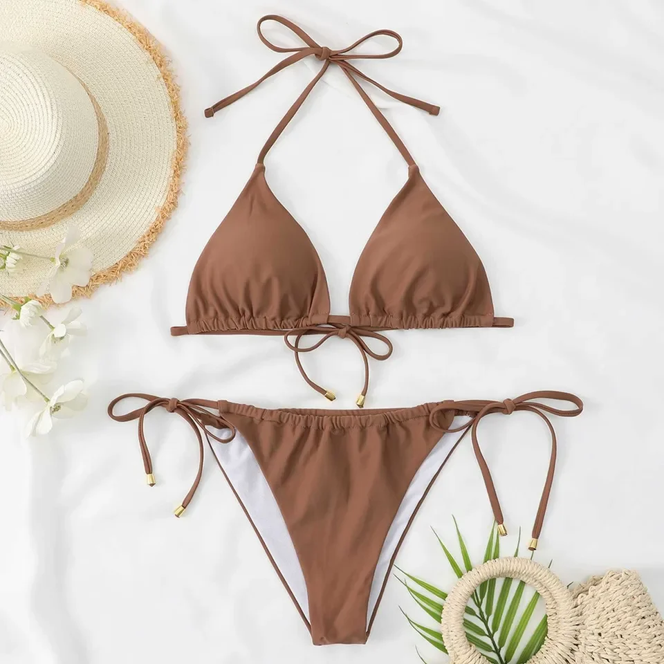 

New Brown Color Swimwear Belt Chest Pad No Steel Support Fashion Bikini Set Sexy Tie Split Backless 2 Piece Women'S Swimsuit