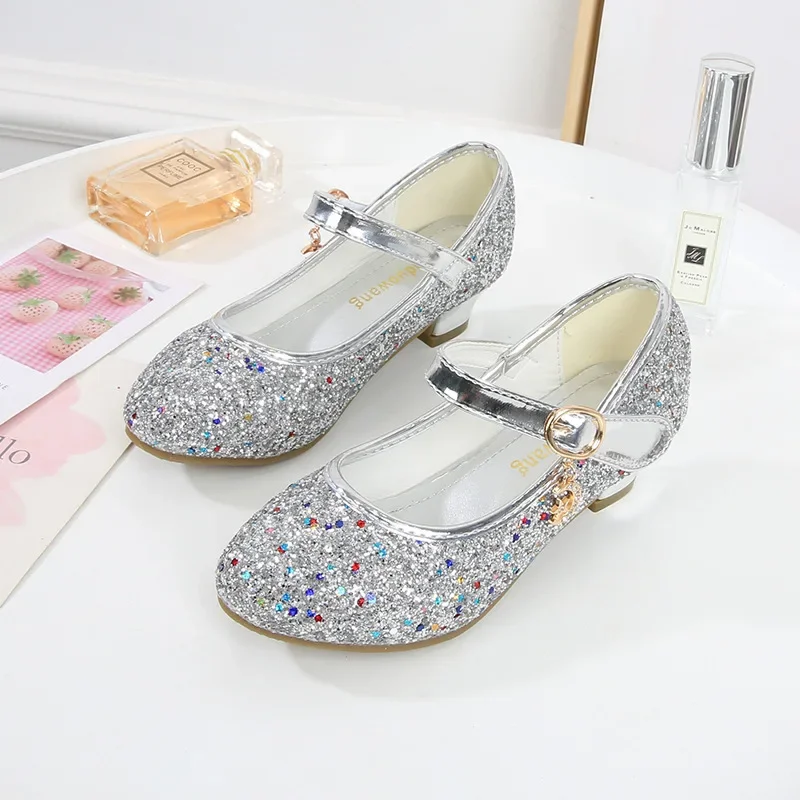 Girl\'s High Heel Shoes Students Children\'s Performance Glitter Leather Shoes Fashion Rainbow Sequins Kids Party Shoes Versatile