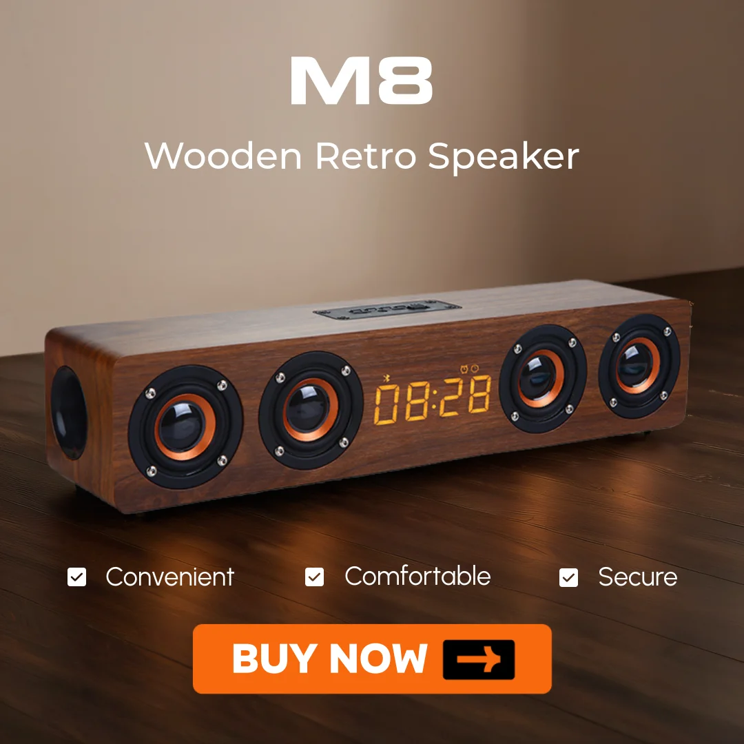 

Wooden Retro Bluetooth Speaker With Clock LED Display Four Loudspeakers HIFI Stereo Music Surround Outdoor Speaker With FM Radio