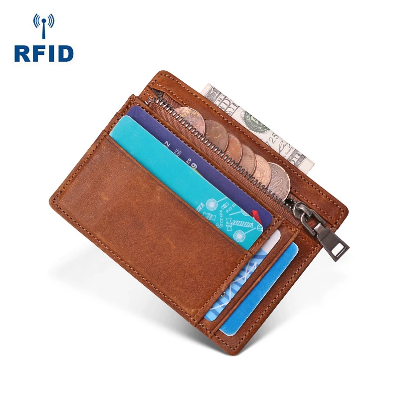 RFID Blocking Slim Front Pocket Ultra Thin Wallets Genuine Leather ID Credit Card Holder for Men Zipper Coin Pouch Purse