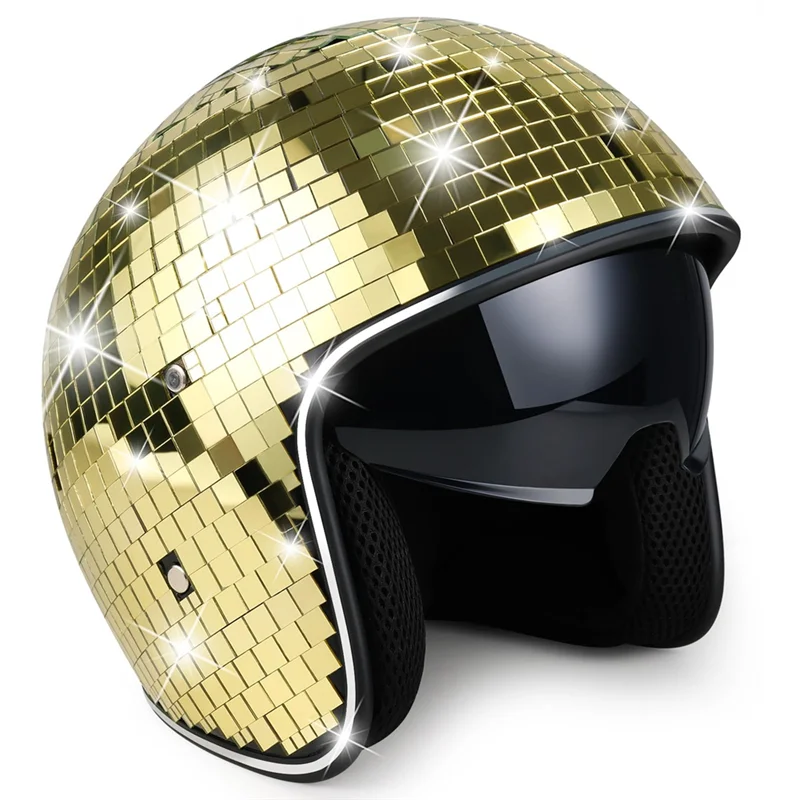 ABQR Casco da discoteca con visiera retrattile Casco da discoteca in vetro con specchio glitterato Punk per feste in club
