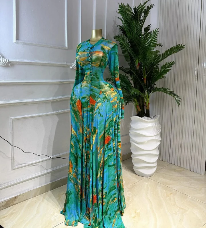 Wunderschöne Bedruckte Damenkleider mit Langen Ärmeln und Knopfleiste Vorne, Luxuriöses Maxikleid, Trendiges 2026 Party- und Abendkleid, Urlaubskleid, Langes Swing-Kleid – Detail 4