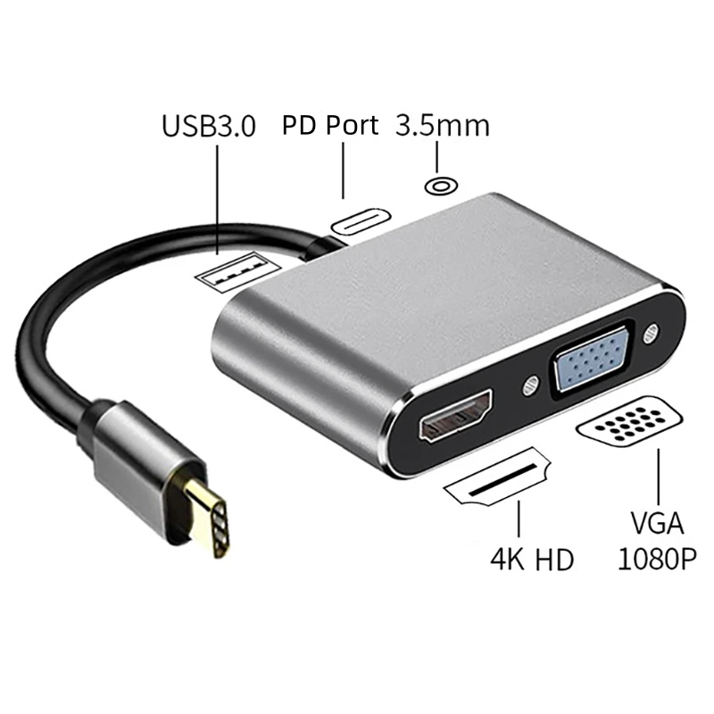 

5in1 USB C Hub Compatible with Thunderbolt3 to 1080P VGA 4K HD Display PD Charging USB 3.0 OTG 3.5mm Audio Jack MultiPort Adaper