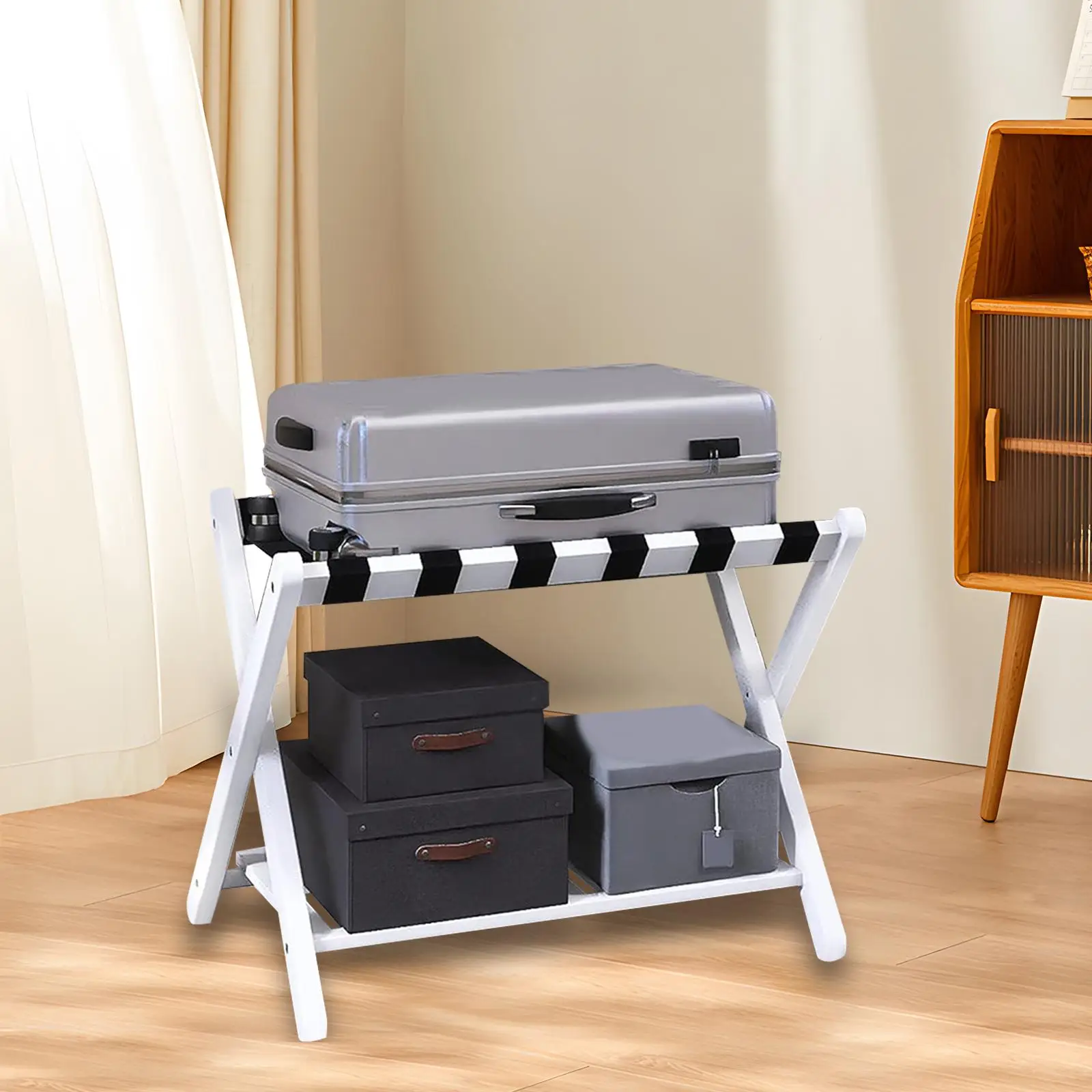 Foldable Wooden Luggage Shelf Two Tier Storage Rack Bamboo Suitcase Stand for Home Hotel