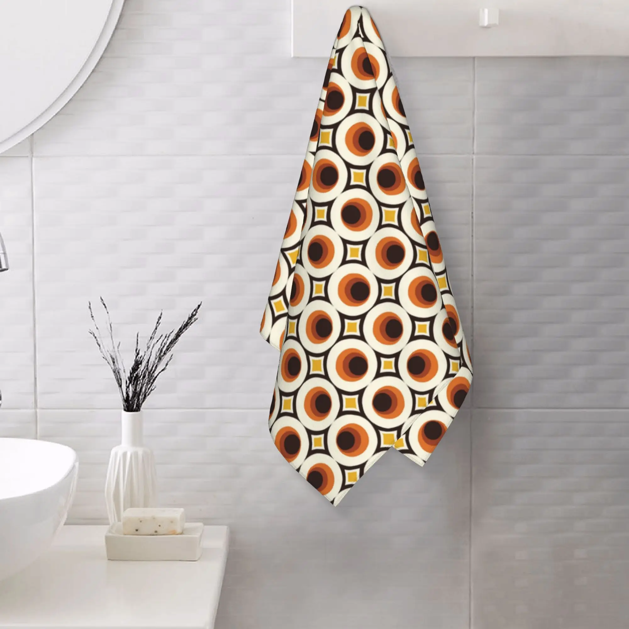 Custom 1970s Orange Mid-Century Modern Circle 1 Soft Face Towel Quick Dry Pool Bath Cotton Towels Absorbent