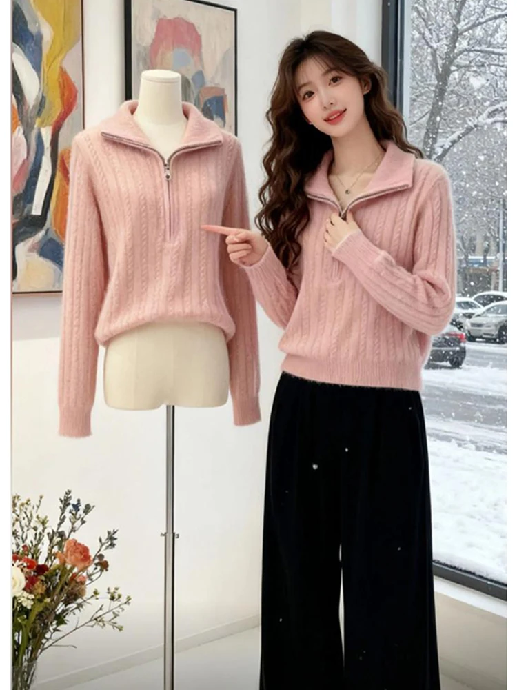 

Корейский однотонный простой вязаный свитер на молнии с воротником-стойкой, женский осенне-зимний свободный утягивающий персональный свитер