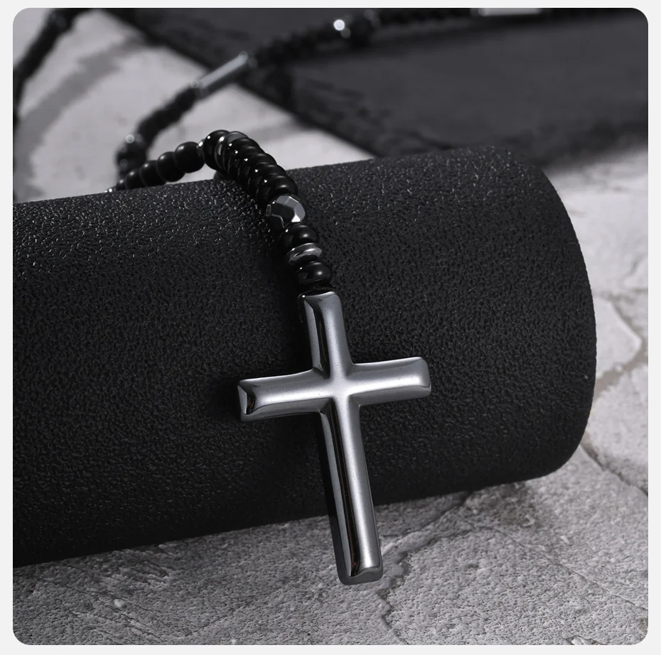 Vnox Hämatit-Kreuz-Anhänger-Halskette für Männer, Schwarze Onyx-Perlenkette, Langer Männerschmuck, Punk-Street-Style Geschenk – Detail 6
