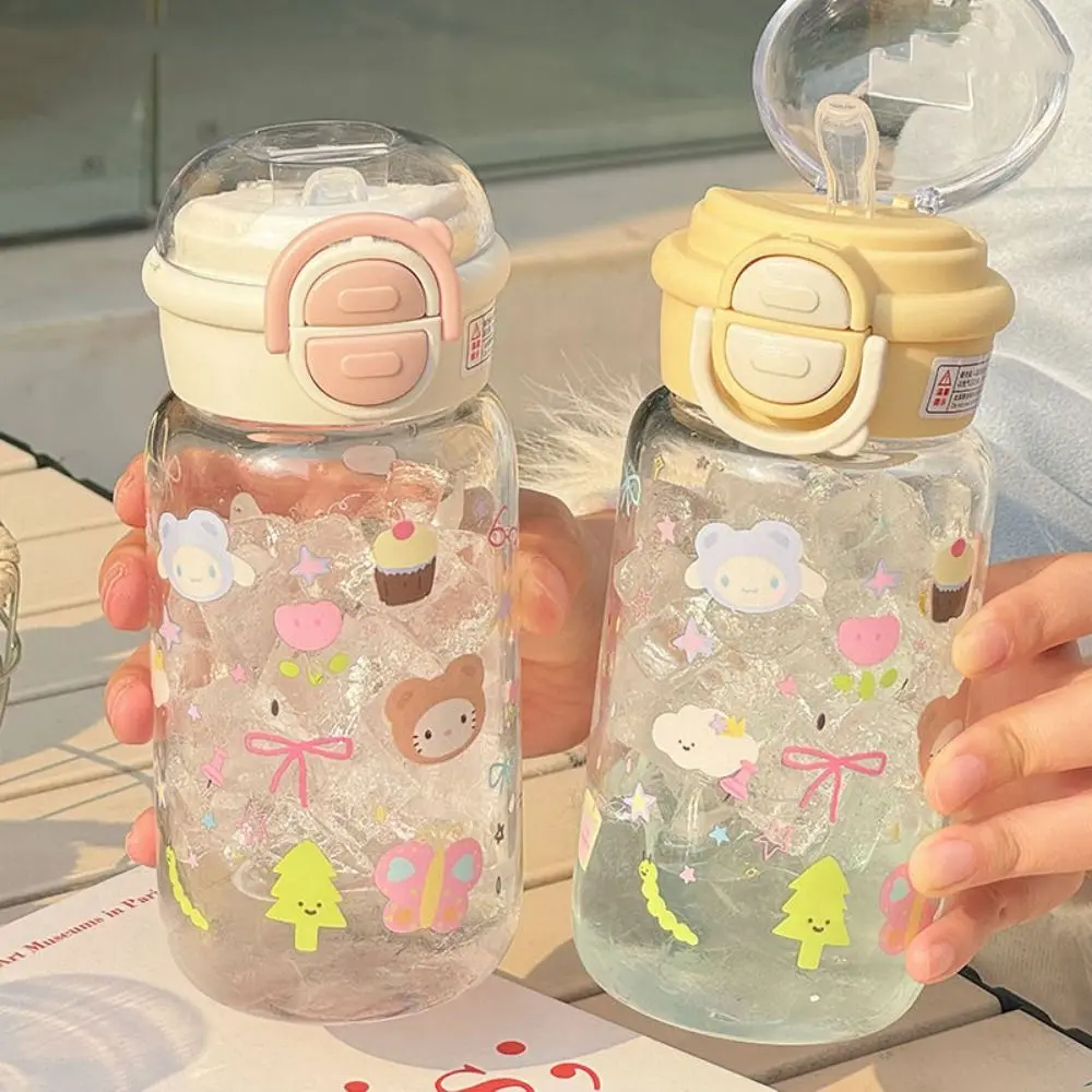 500ml Transparent Plastic Cup Straw Cup Cat Pattern Graffiti Water Bottles Portable Fall Prevention Drinking Water Bottle