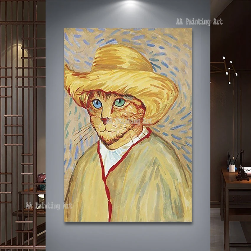 

Cartoon Cat Paintings Art Handmade Van Gogh Portrait Canvas Oil Painting Picture Reproduction Bedroom Wall Decoration Art