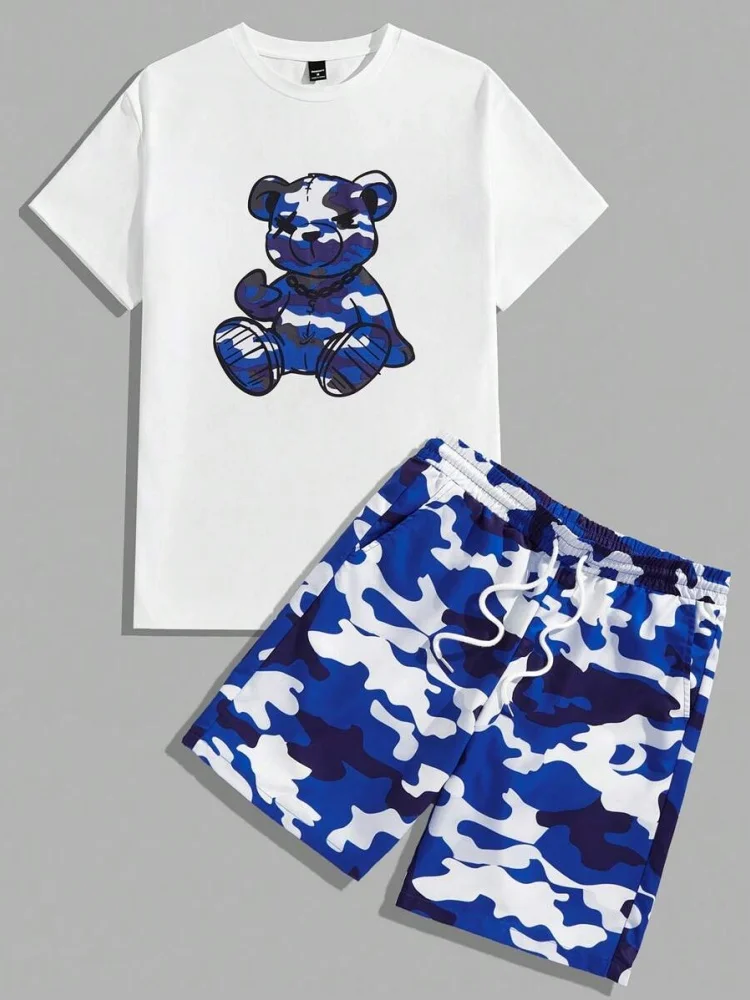 Camo Doll Bear 3D Printed Men's T-shirt Shorts Set Summer Casual Men's Camo Shorts Urban Street Men Fashion Short Sleeves