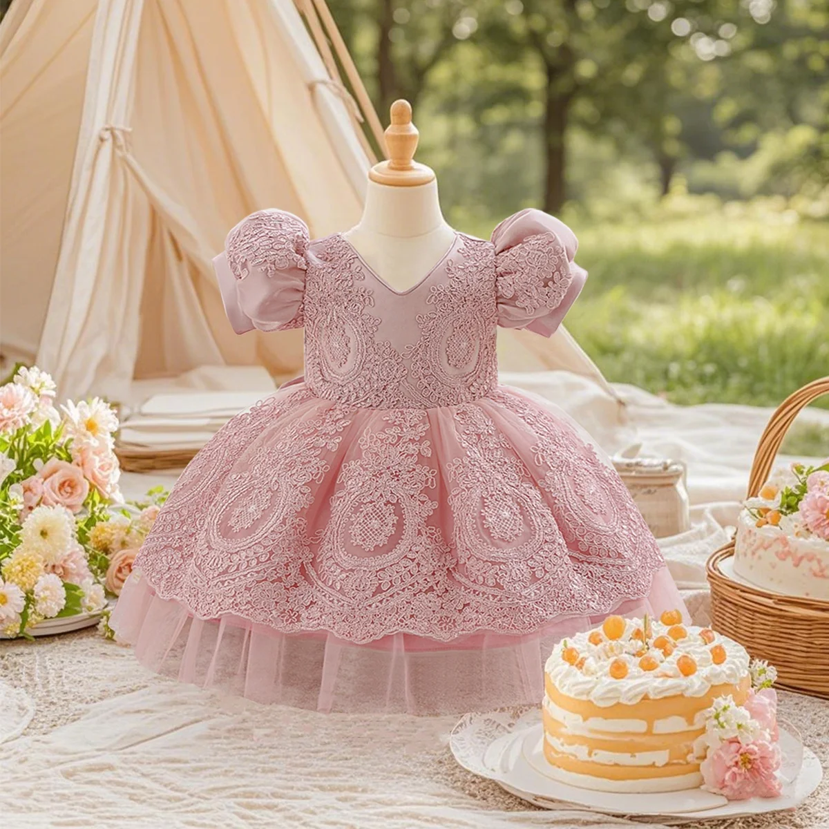 

Flowers Embroidery Dark Pink Gown Dress Baby Girl Elegant Dress Suitable for Birthday Party Anniversary