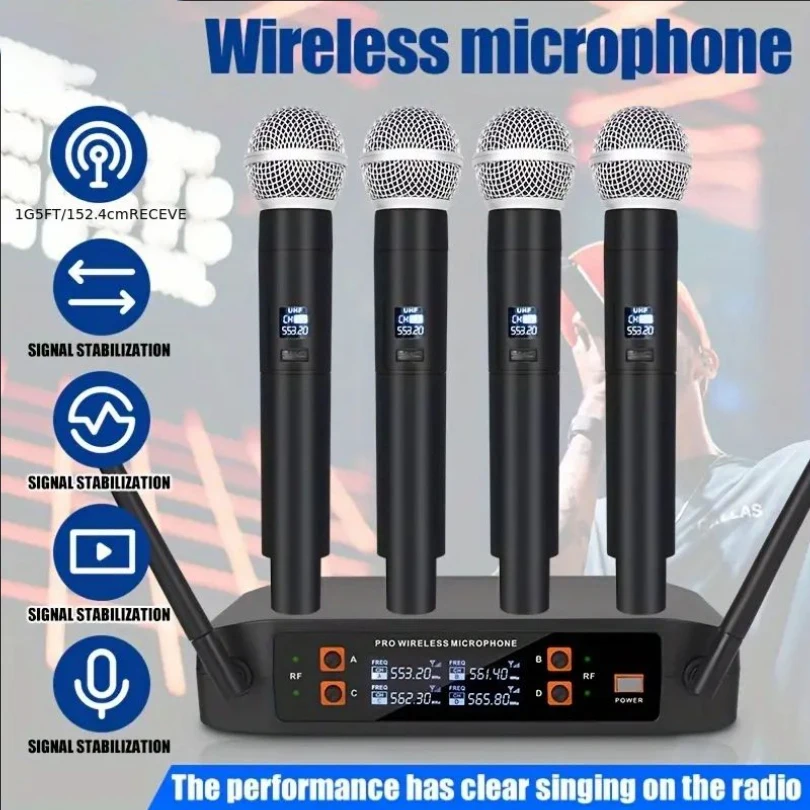 Riwoarl Wireless Microphone Handheld 4 Channel UHF Fixed Frequency Dynamic Microphone For Karaoke Wedding Party Band Church Perf