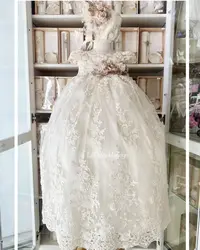 Robe de baptême en dentelle ivoire pour bébé, appliques de dentelle luxueuses, vintage, longues robes d'anniversaire pour enfants nouveau-nés, première communion