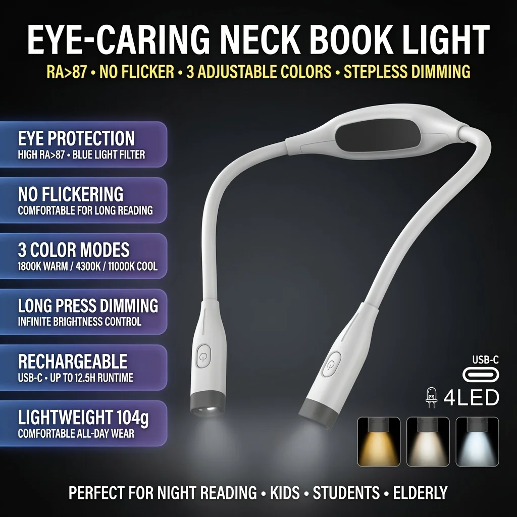 TYPE-C USB Rechargeable Neck Light Flexible Neck Book Light 3 Lighting Colors Dimmable Brightness Hands free Night Lamps