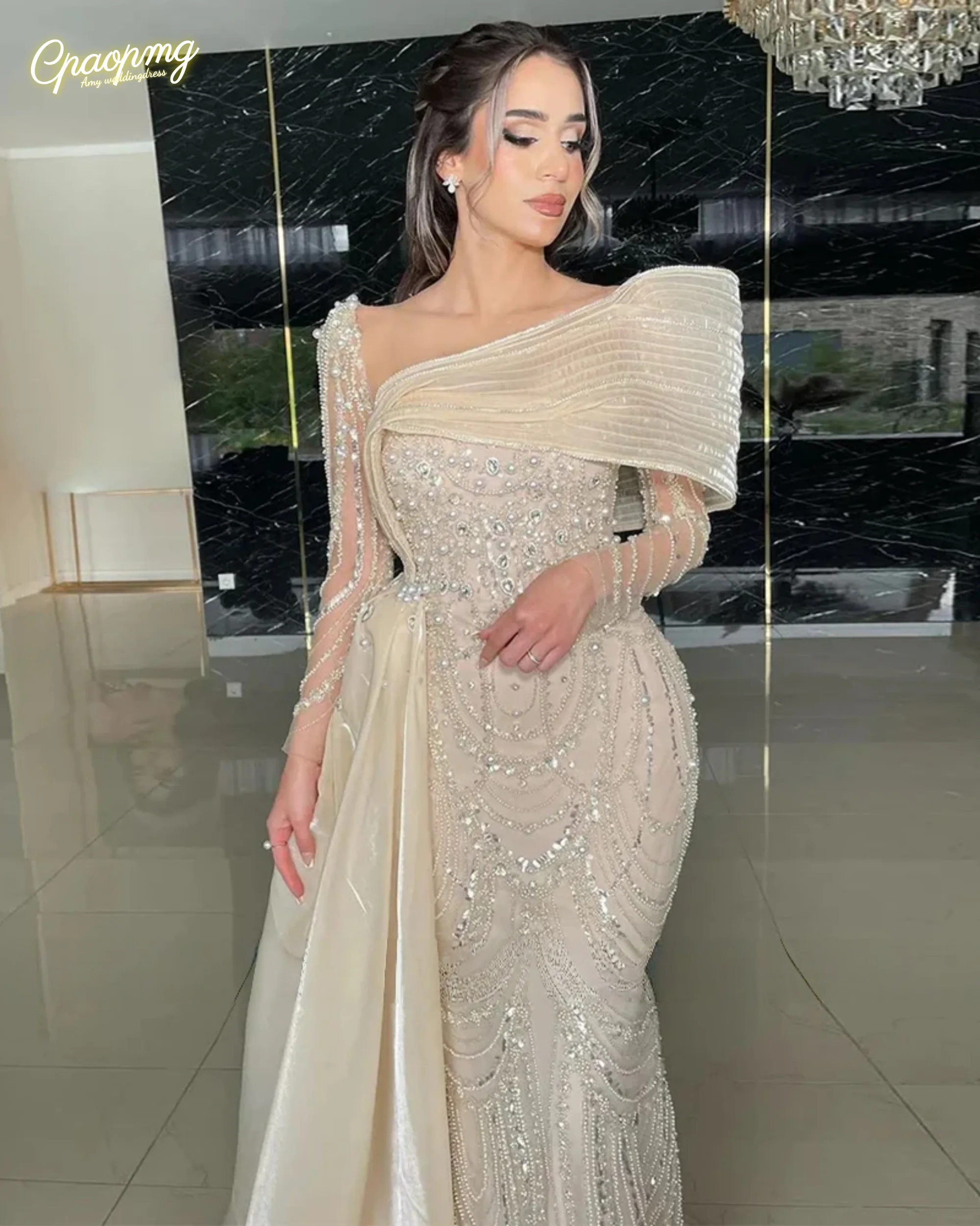 

Customized Luxury Evening Dresses Mermaid Trumpet Gown Ivory Off-the-shoulder Pearls Beading Prom Dress Long