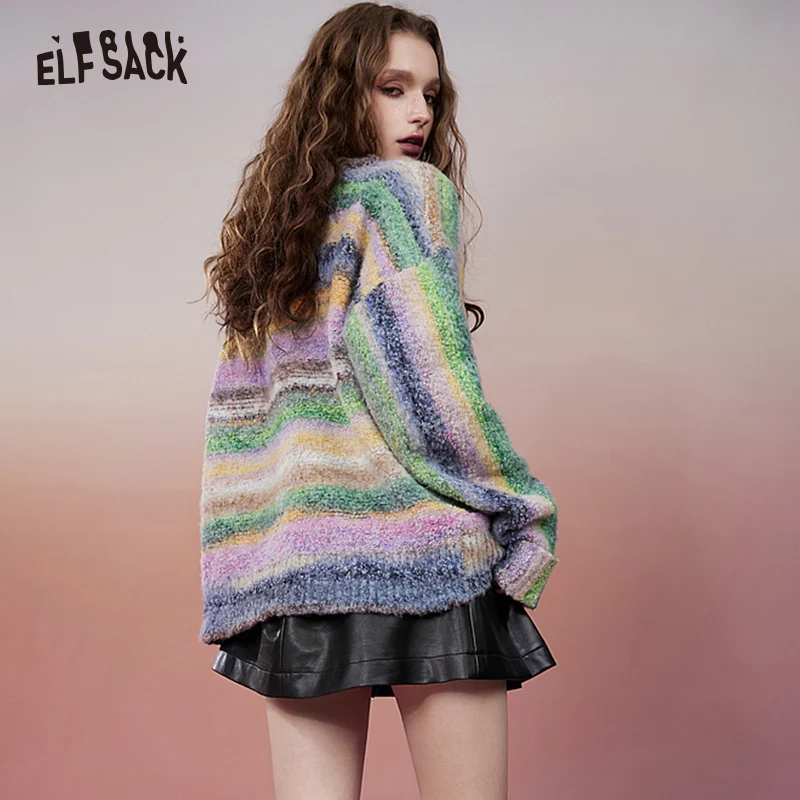 ELFSACK Kawaii Colorful Striped Pullover Sweaters Women 2023 Winter Plus Size Luxury Designer Tops