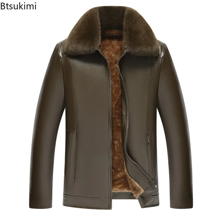 Men's Fur Collar Leather Jacket Oversize Winter Plush Thick Motorcycle PU Jacket Father Dad Outfit Black Faux Fur Collar Coats