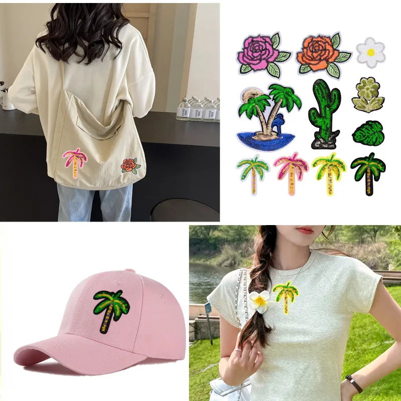 

Sparkling Coconut Tree Cactus Green Leaf Plants Embroidered Sew/Iron On Patches For DIY Clothes Hat Coats Jeans T-shirt Bags