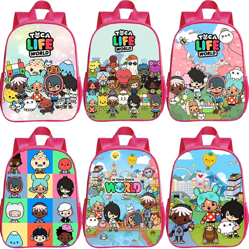 Kids Toca Life World Print Pink Bookbag 12inch Cute Cartoon Kindergarten Backpack Toddler Girls Kawaii School Bags Birthday Gift