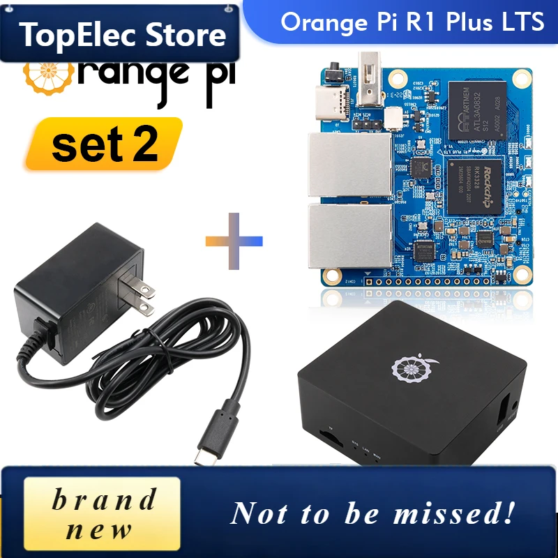 TopElec Orange Pi R1 Plus LTS + Power Supply + Metal Shell Single Board Computer 1GB RAM RK3328 Run Android9 Ubuntu Debian OS
