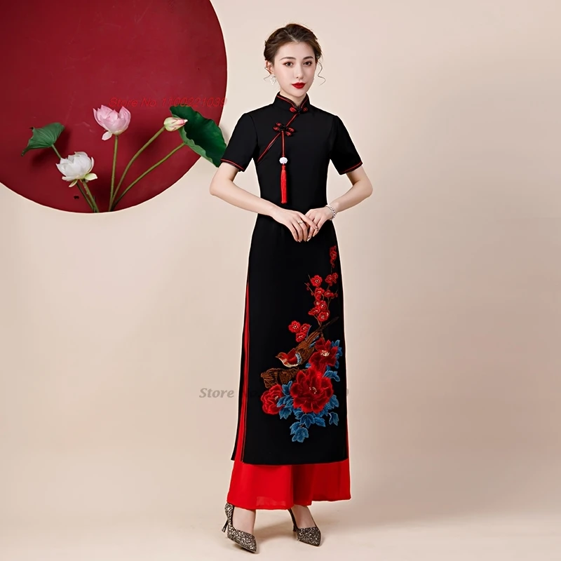 

2025 woman vietnam ao dai dress chinese elegant cheongsam dress+pants set vintage flower embroidery wedding evening qipao dress