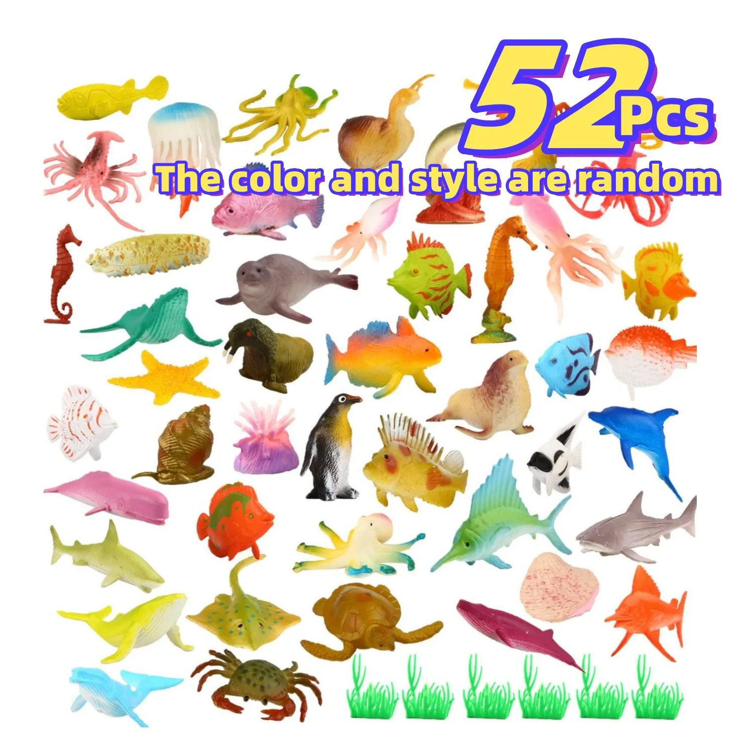 52 Pcs Sea animal toy, approximately 2 inch, creature including Octopus,hippocampus, seahorse, jellyfish, turtle,clown fish,