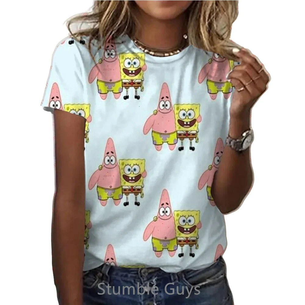 2024 Summer Spongebob Tshirt Women Cartoon Print Kids Clothes Girls Shirt Street Harajuku  Anime Teenagers Cute T-Shirt