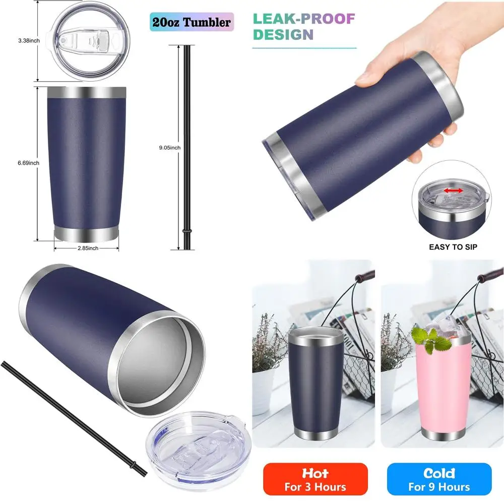 

12-Pack Navy Blue 20oz Vacuum Insulated Stainless Steel Tumbler with Lid and Straw for Travel
