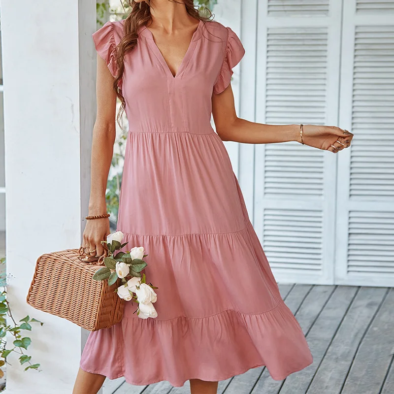 

Shot Am Flutter Sleeve Solid Color 2026 Spring Summer Casual Vacation A-Line Dressazon V-Neck Sexy