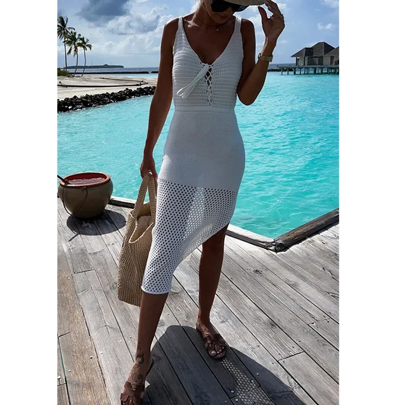 2024 الأبيض الكروشيه تونك بيكيني الاخفاء الخامس الرقبة المرأة الصيف ملابس الشاطئ محبوك التستر مثير أكمام الجوف خارج فستان